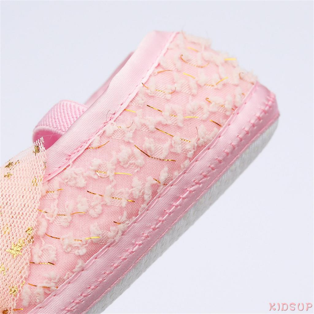 Giày Vải Cotton Phối Lưới Đính Nơ Đính Kim Sa Ngôi Sao Lấp Lánh Trang Trí Cho Bé 1 Tuổi