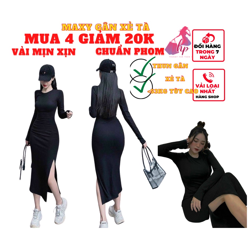 Váy đầm maxi dài nữ ôm body cổ tròn xẻ tà tay dài thun gân thời trang dự tiệc sexy phong cách hàn sang chảnh- VD03...