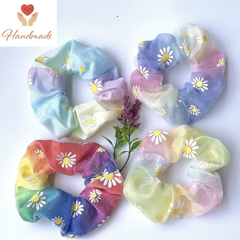 Cột tóc scrunchies voan lưới hoa cúc 2 lớp