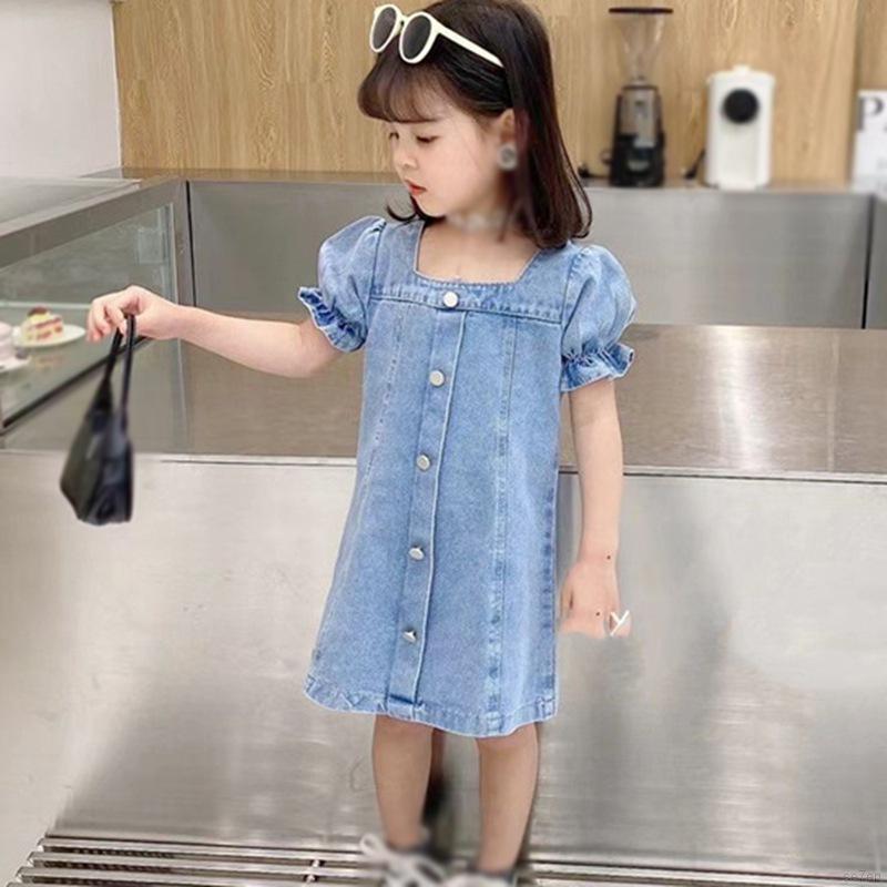 Đầm Denim Cổ Vuông Mùa Hè Cho Bé Gái 3-8 Tuổi