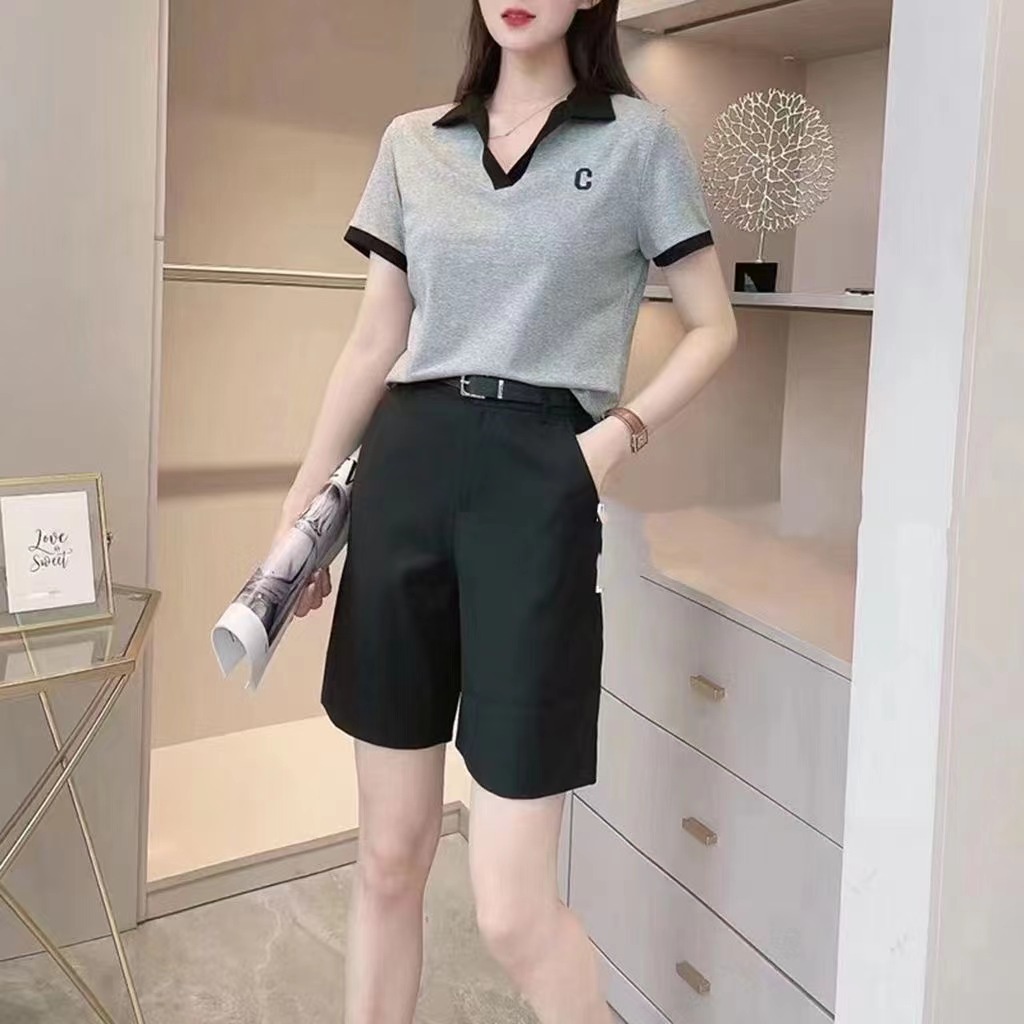 Áo polo Tay Ngắn Cổ Chữ V Thêu Chữ C Màu Sắc Tương Phản Phong Cách Hàn Quốc Thời Trang Mùa Hè 2022 Dành Cho Bạn Nữ