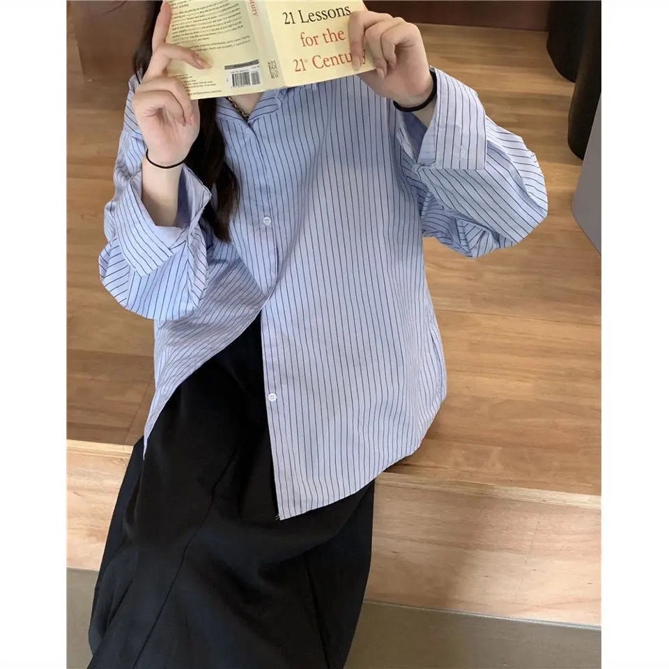 Áo Sơ Mi Tay Dài Dáng Rộng Họa Tiết Kẻ Sọc Thời Trang Pháp 2022 Mới