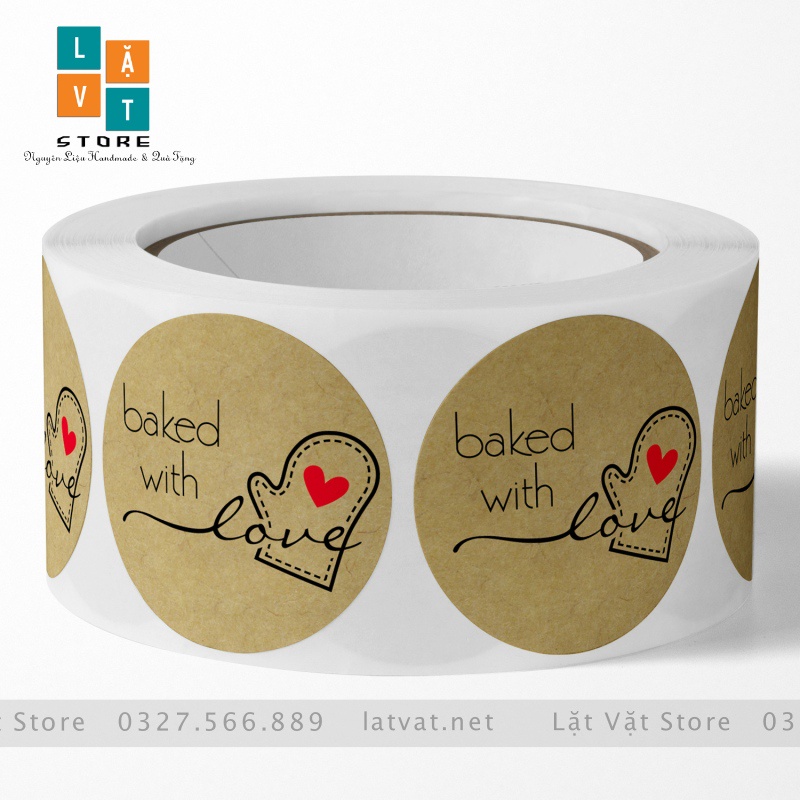 Tem tròn decal Baked with Love giành cho tiệm bánh, cảm ơn tri ân khách hàng, trang trí sản phẩm