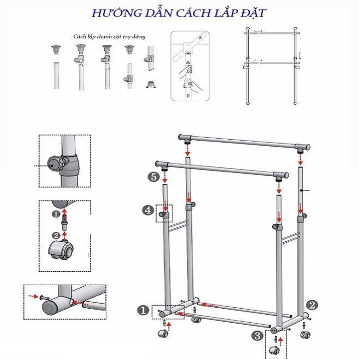 Dàn phơi quần áo inox 2 tầng thông minh có bánh xe đi chuyển