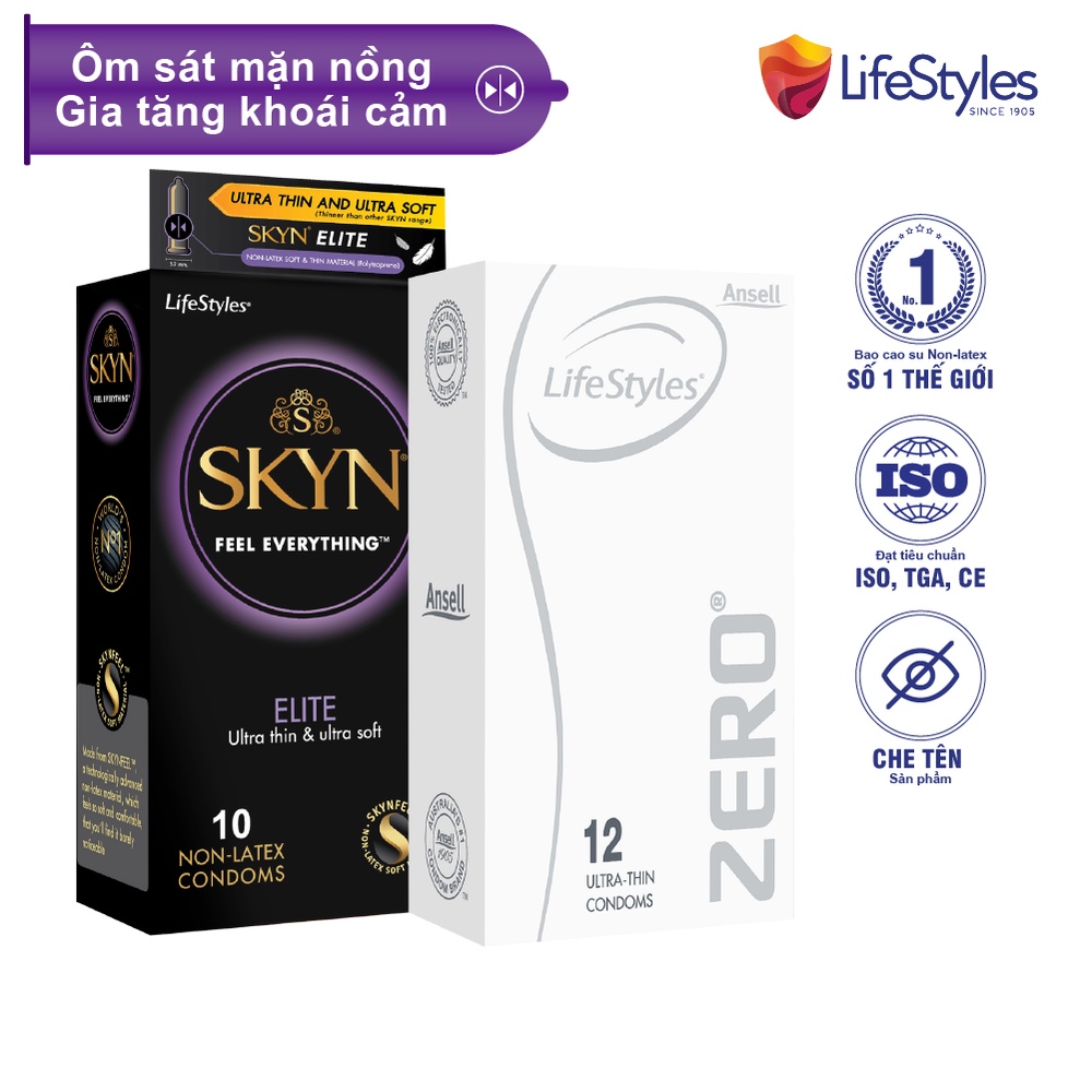 Combo 1 Hộp Bao Cao Su LifeStyles Zero 12 bao + 1 Hộp Bao Cao Su LifeStyles SKYN Elite Non-latex 10 bao