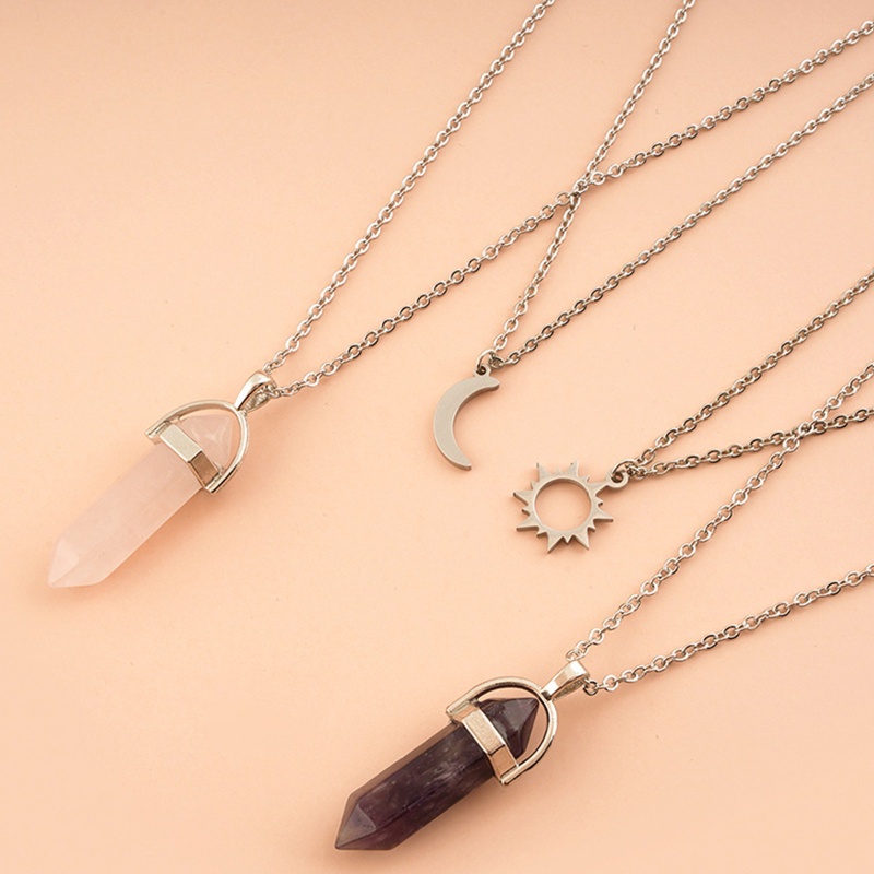 Vòng Cổ Choker Nhiều Lớp Bằng Bạc Đính Đá Pha Lê Chakra Hình Lục Giác / Mặt Trời / Mặt Trăng / Cột Lục Giác