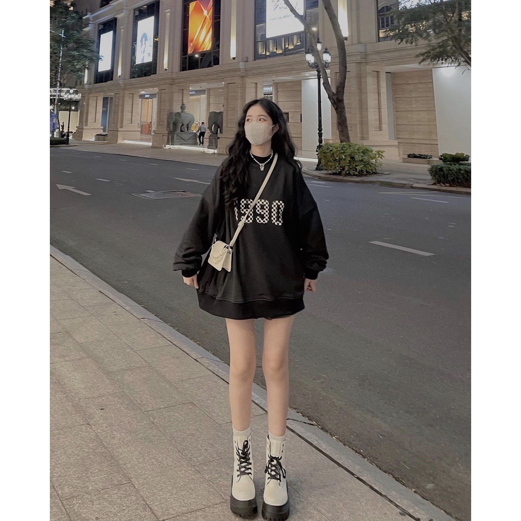 Áo Nỉ Caro 1990 JOLIE Nữ [FREESHIP]  Sweater form rộng tay bồng, hoodie cổ cao 3p in hình cá tính Ulzzang