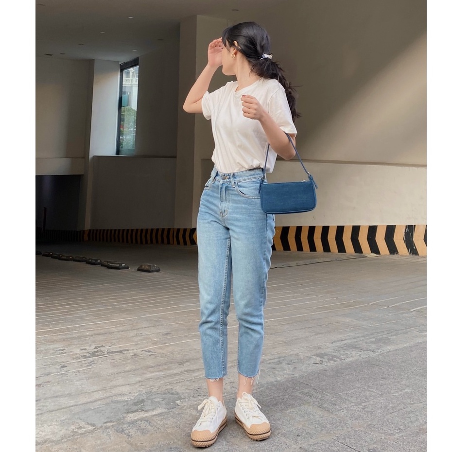 Quần Jeans Lưng Cao Nữ Cắt Lai - Momfit CutlineBlue - Hashtagem ( Mã MFCLJ - 02 )