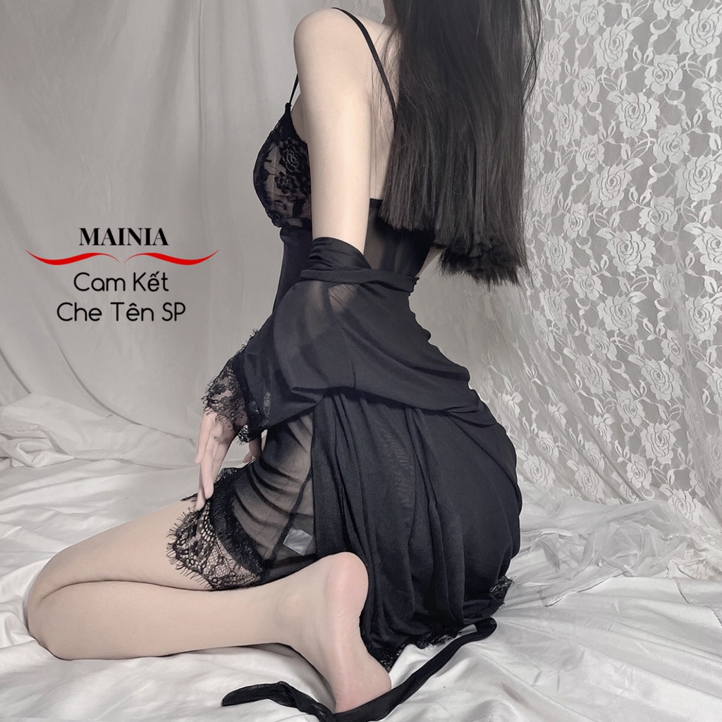 [Size L, XL] Set Đầm Ngủ Ren Voan Kèm Áo Choàng + Chíp Lọt Khe Váy Ngủ Gợi Cảm Sexy Quyến Rũ Mainia Shop
