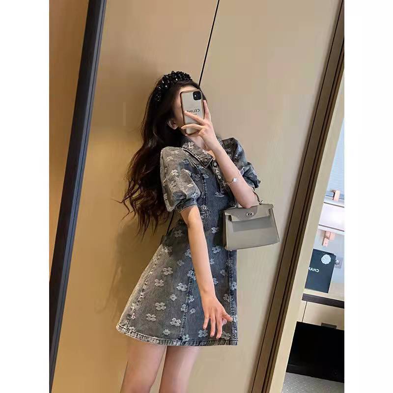 Váy demin cổ tích mua xuân form ngắn thiết kế chữ A kiểu Pháp