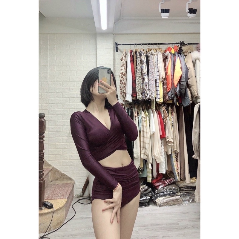 Bikini, Đồ Bơi Đi Biển Hai Mảnh Áo Chéo Tay Dài Cạp cao