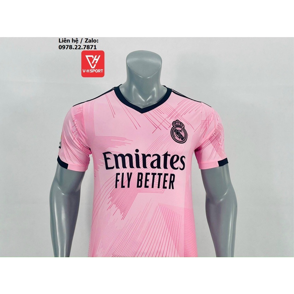 Bộ quần áo bóng đá, đồ đá banh Real Madrid Sân Khách Màu Hồng 2022-2023 Vải Thun Lạnh Cao Cấp