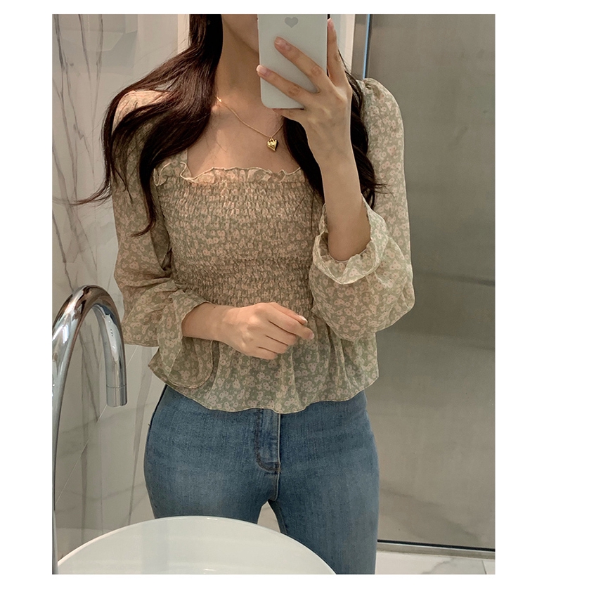 Áo chiffon nữ SUXI tay dài họa tiết hoa phong cách Hàn Quốc