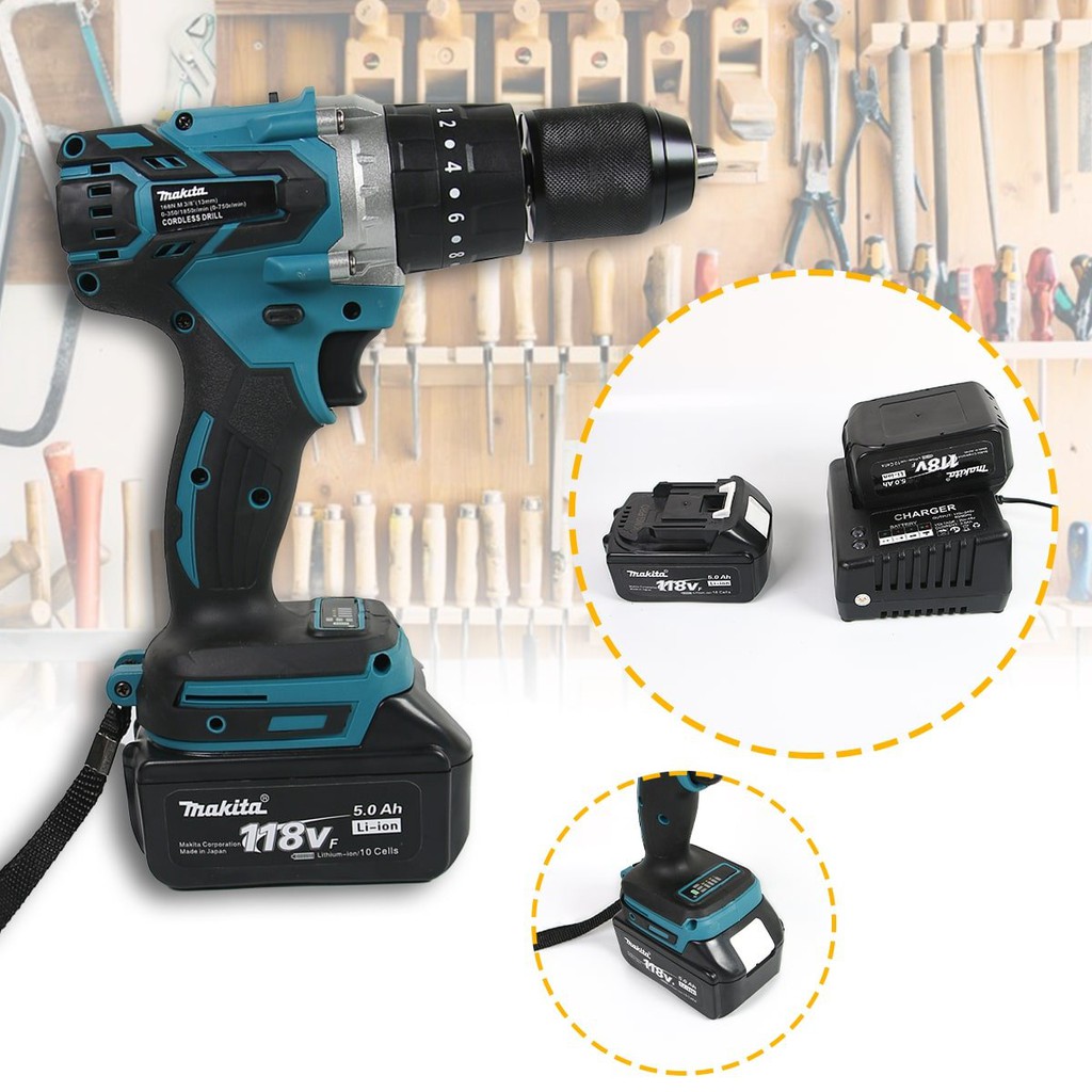 Máy khoan pin cầm tay Makita 118V 5.0Ah- Motor từ không chổi than, lõi đồng 100% - Đầu 13mm, 3 chế độ khoan, vít, búa