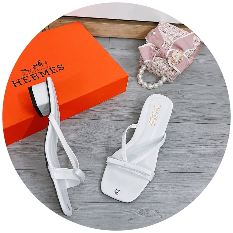 Dép Guốc quai mảnh phối nơ nhỏ da lì gót 3p