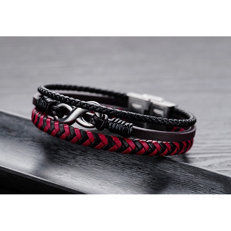 Vòng tay bằng da phối màu đen đỏ phong cách đi tiệc hip hop thời trang dành cho nam