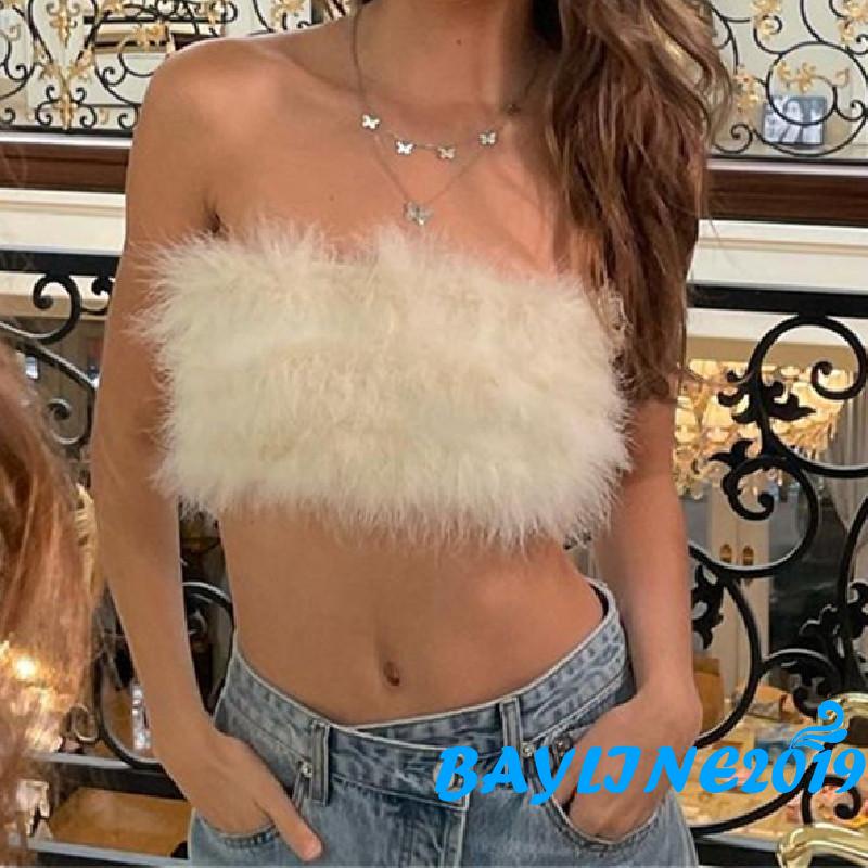 Áo Ống Màu Trơn Phối Lông Có Khóa Kéo Sau Lưng Dành Cho Nữ Đi Tiệc Tùng