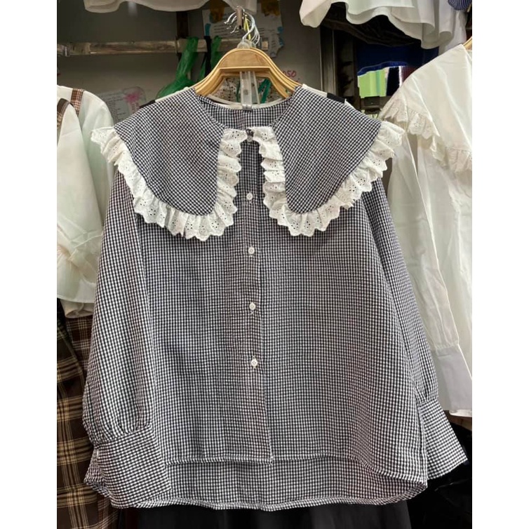 Áo sơ mi nữ dài tay cổ bèo ren tay bồng dáng rộng phong cách tiểu thư ulzzang 2 màu | BigBuy360 - bigbuy360.vn