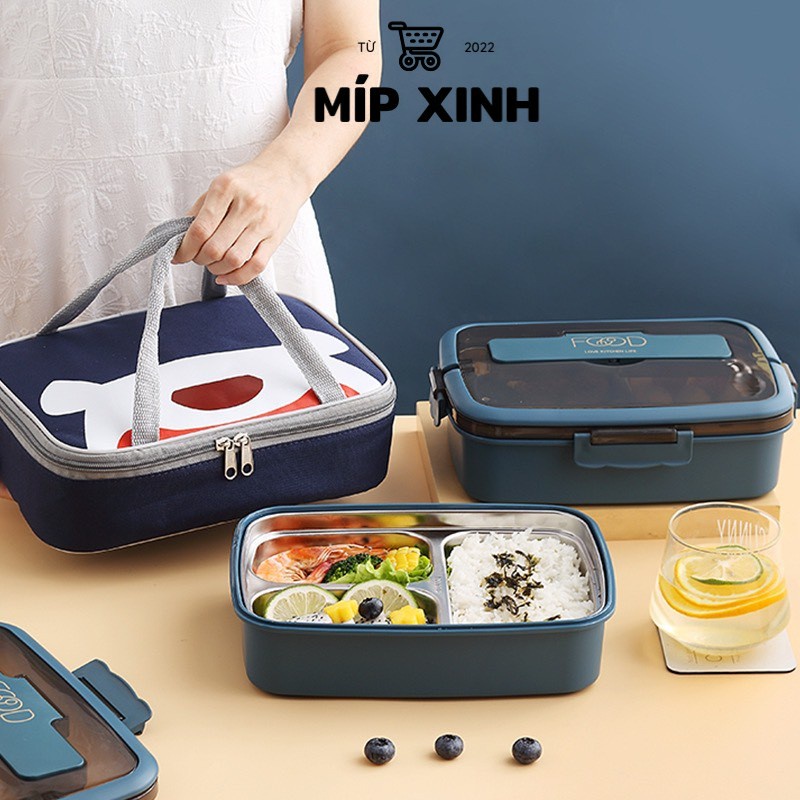 (TẶNG BỘ THÌA ĐŨA INOX 304) Hộp cơm chữ nhật cao cấp FOOD INOX 304 kháng khuẩn - dung tích lớn - chống tràn