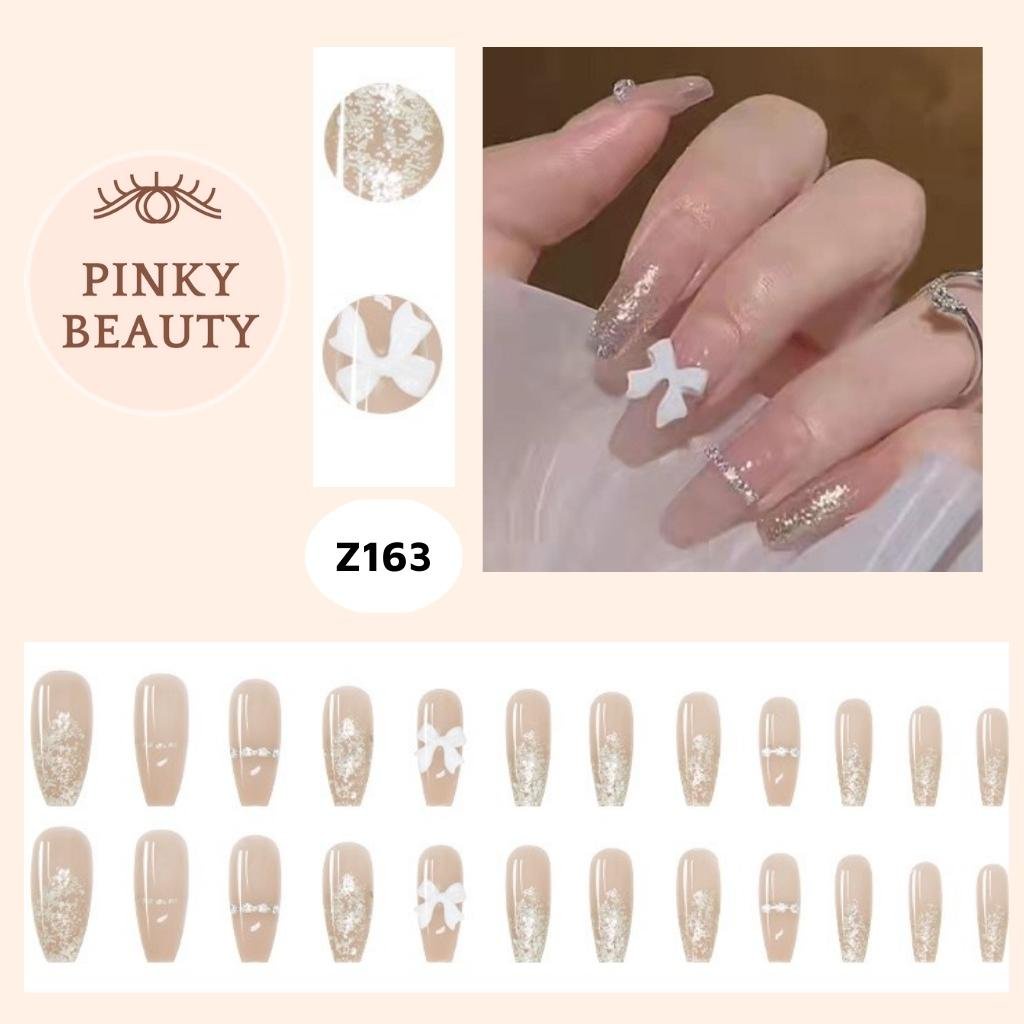 Móng Tay Giả Đính Đá Bộ 24 Móng Giả Pinky Beauty Họa Tiết Đa Dạng, Đẹp Sang Trọng Phong Cách Dài, Ngắn Cho Nữ Kèm Keo