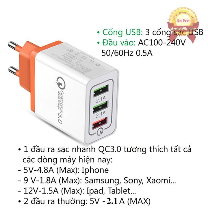 Củ Sạc Nhanh 3 Cổng Qualcom Quickcharge 3.0 kèm dây sạc chuyên dụng cho mọi thiết bị