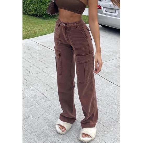 Quần Denim Lưng Cao Phối Túi Thời Trang Cho Nữ