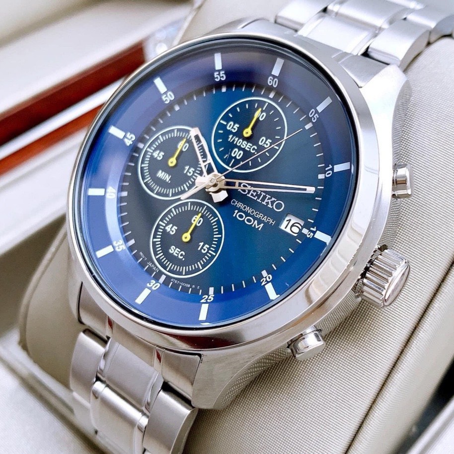 Đồng hồ Nam chính hãng Seiko Chronograph SKS537P1 Mặt xanh 6 kim,Lịch ngày-Máy Pin Quartz -Dây kim loại-Size 43mm