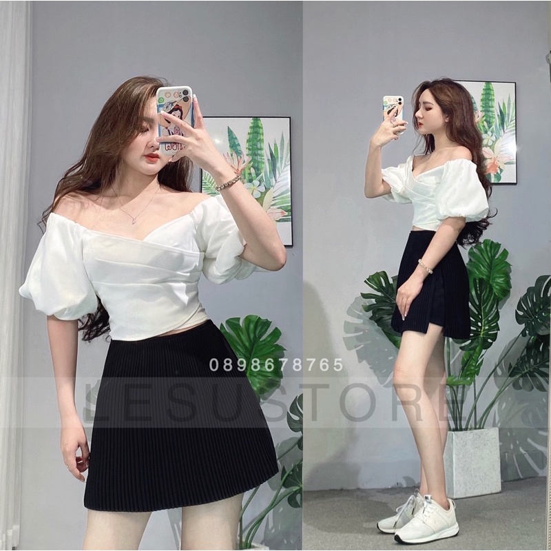 ẢNH TỰ CHỤP Áo Croptop đắp chéo ngực tay bồng