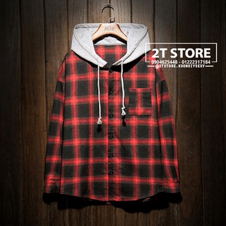 ÁO KHOÁC SƠMI UNISEX THUN CAO CẤP SỌC CARO ĐỎ ĐEN PHỐI NÓN XÁM