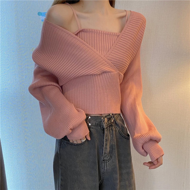 Áo sweater cổ vuông tay phồng giả hai mảnh thiết kế mới xuân thu dành cho bạn nữ 2021