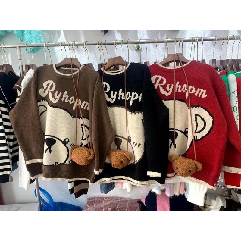 Áo len gấu kèm túi cute phô mai koe màu nâu tây sang chảnh