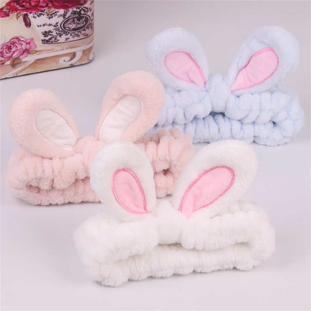 Băng đô thiết kế hình tai thỏ co giãn mềm mại hỗ trợ trang điểm tiện lợi dành cho nữ