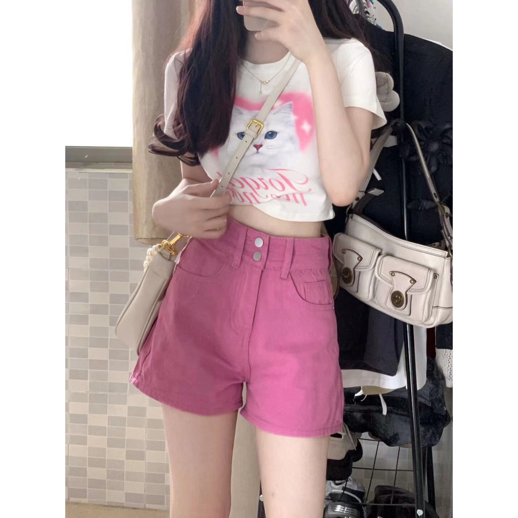 Quần Short Denim Lưng Cao Ống Rộng Màu Hồng Phong Cách Mới Cho Nữ