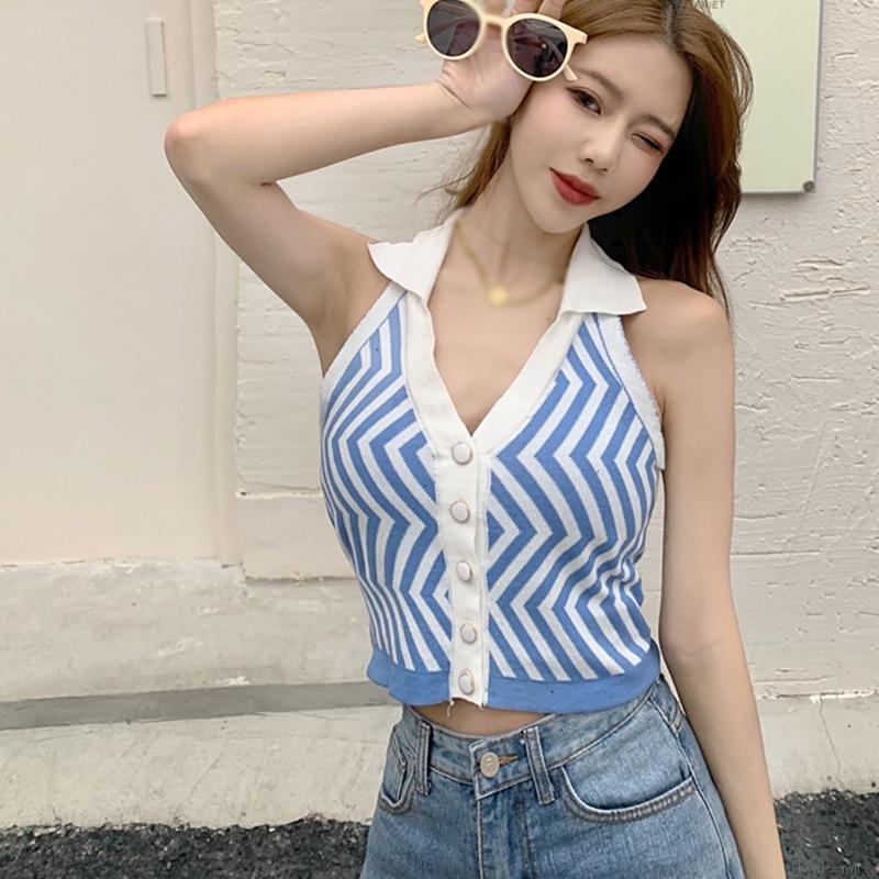 [Mã FAMAYWA giảm 10K đơn 50K] Áo Tank Top Dệt Kim Hoạ Tiết Kẻ Sọc Thiết Kế Cổ Chữ V Quyến Rũ | BigBuy360 - bigbuy360.vn