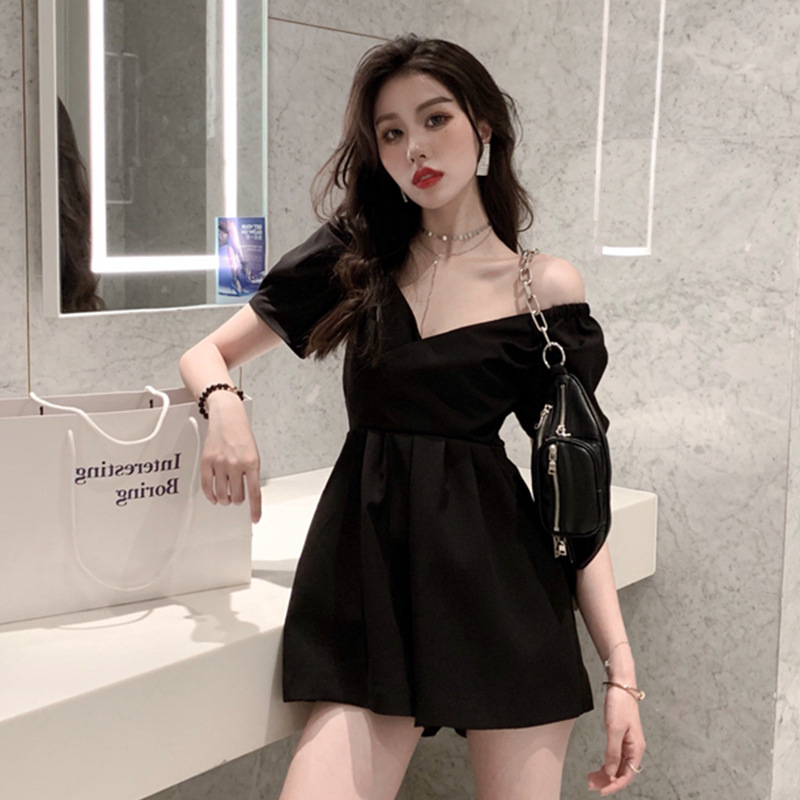 Jumpsuit Ngắn Lưng Cao Trễ Vai Phong Cách Thời Trang Pháp