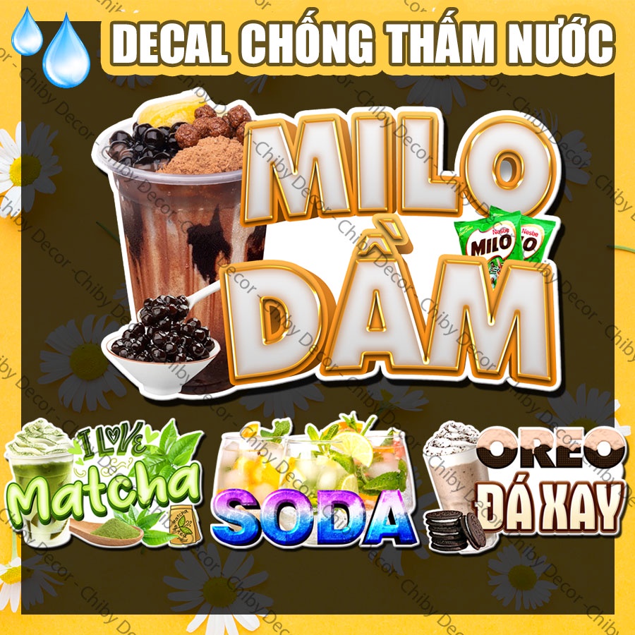 Trang trí quán trà sữa 🍧𝘿𝙚𝙘𝙖𝙡 𝙑𝙞𝙣𝙮𝙡 𝙇𝙤𝙖̣𝙞 𝙄 Chống nước, Decor quán trà sữa, milo dầm, matcha, chocolate đá xay, soda, ..