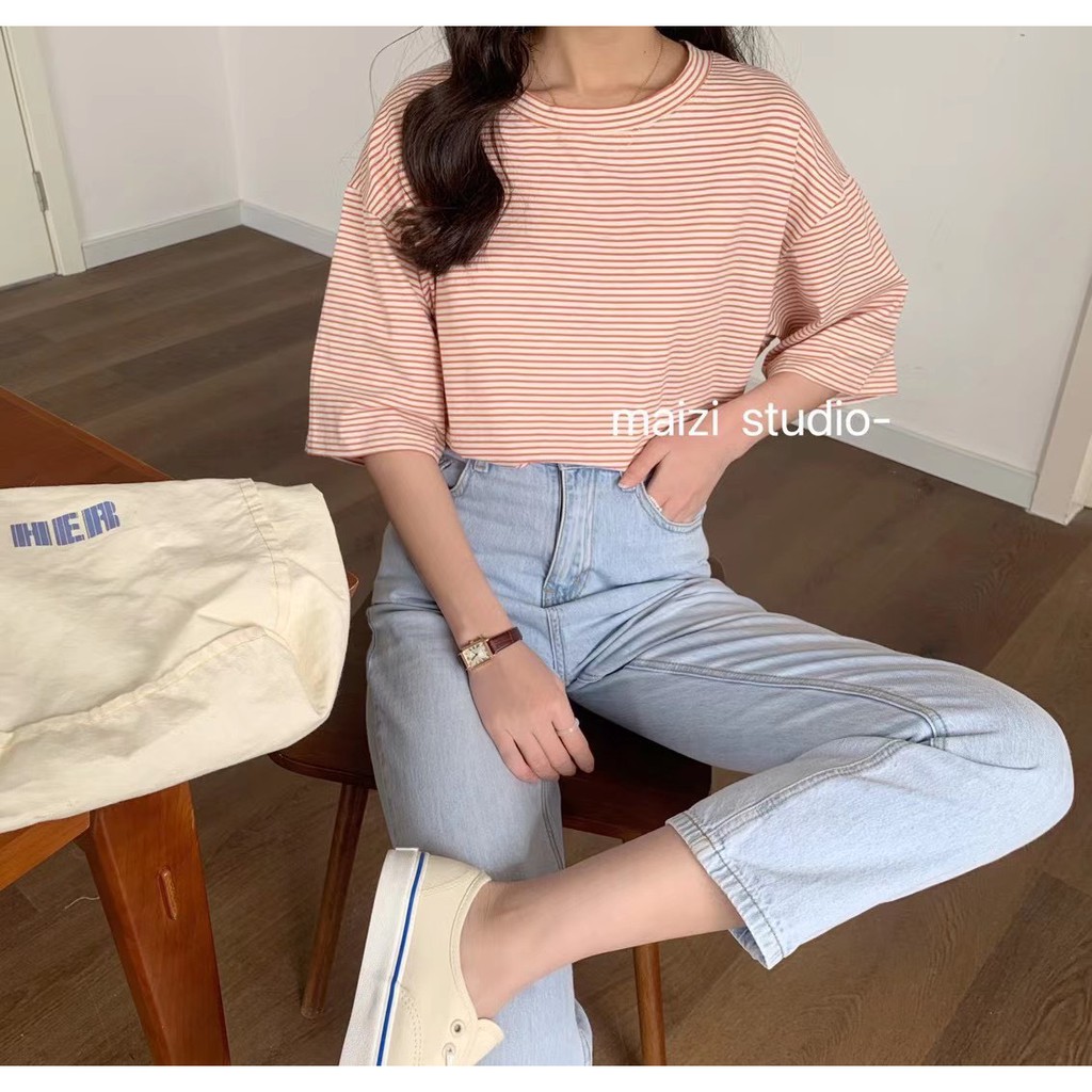 Áo thun kẻ ngang vạt high-low Mazi Ulzzang style  Hàng Quảng Châu