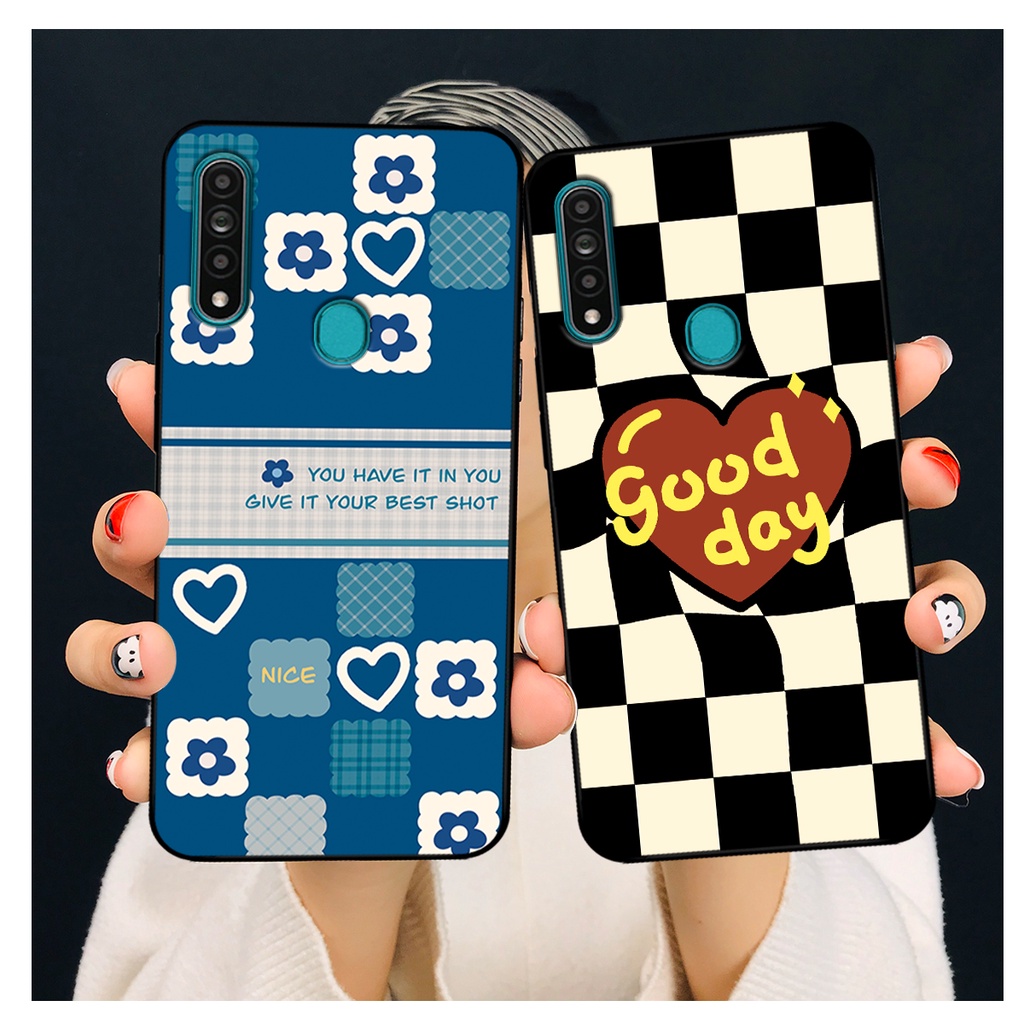 Ốp lưng Oppo A31 in hoạ tiết caro trái tim đen trắng, gấu bear cute đáng yêu