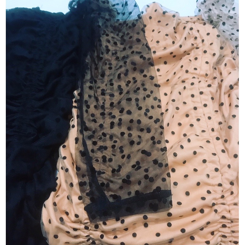 Váy Body Rút Dây 2 Bên Nhún Thân Chấm Bi Phối Tay Lưới Quyến Rũ 👗 Phuongmin.Store 👗
