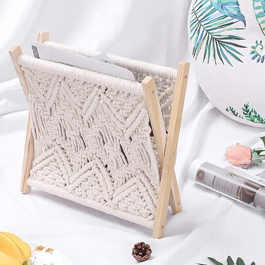 Cadiz* Storage Rack Nice-looking Elegant Decorative Foldable Wooden Cotton Rope Book Shelf Rack for Household