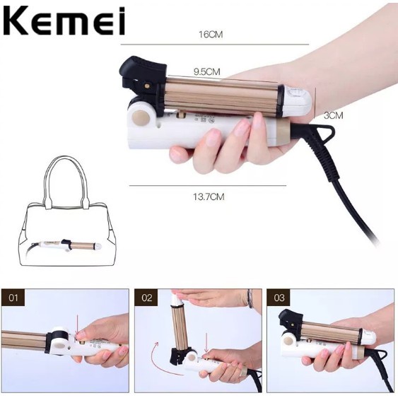 Máy uốn duỗi tóc Kemei, dụng cụ làm tóc đa năng gấp gọn ép, uốn, dập xù 3in1 KM-8851 chất liệu gốm sứ an toàn