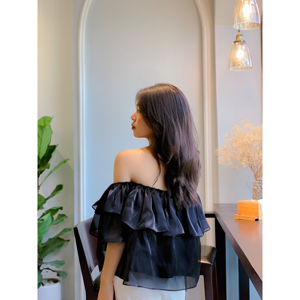 Áo bẹt vai tay phồng siêu xinh [2 lớp] Croptop trễ vai bánh bèo chất tơ ánh A-TA
