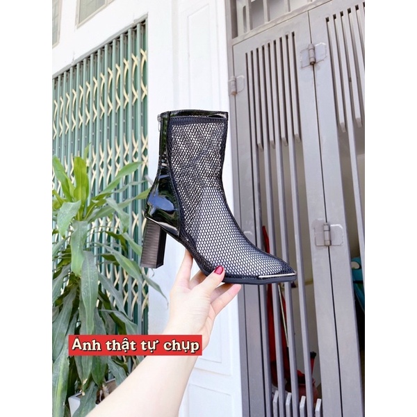Bốt lưới mũi da vuông gót 7cm 2 kiểu ngắn dài Fullbox 834J