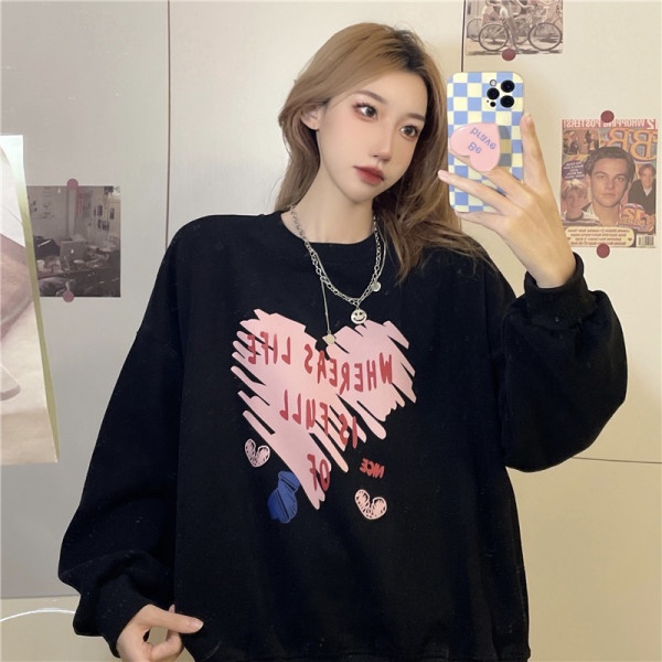 Áo sweatshirt PEWARNA IKAT dài tay họa tiết trái tim hoạt hình dáng rộng phong cách Nhật Hàn thời trang thu đông cho nữ