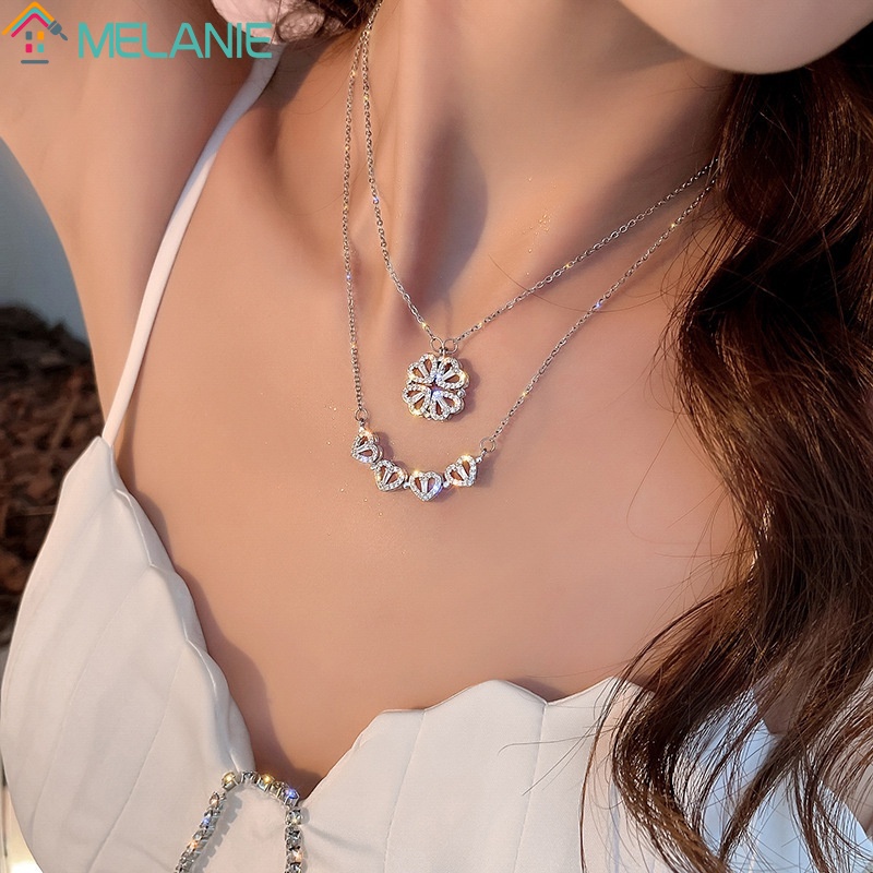 Women folding heart-shaped four-leaf clover Pendant Necklace/Girls cubic zirconia Simple Chain Necklaces /Ladies Fashion Design jewellery Gifts