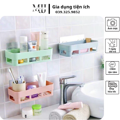 Kệ chữ nhật dán tường nhà tắm, phòng bếp để đồ đa năng bằng nhựa không cần khoan.