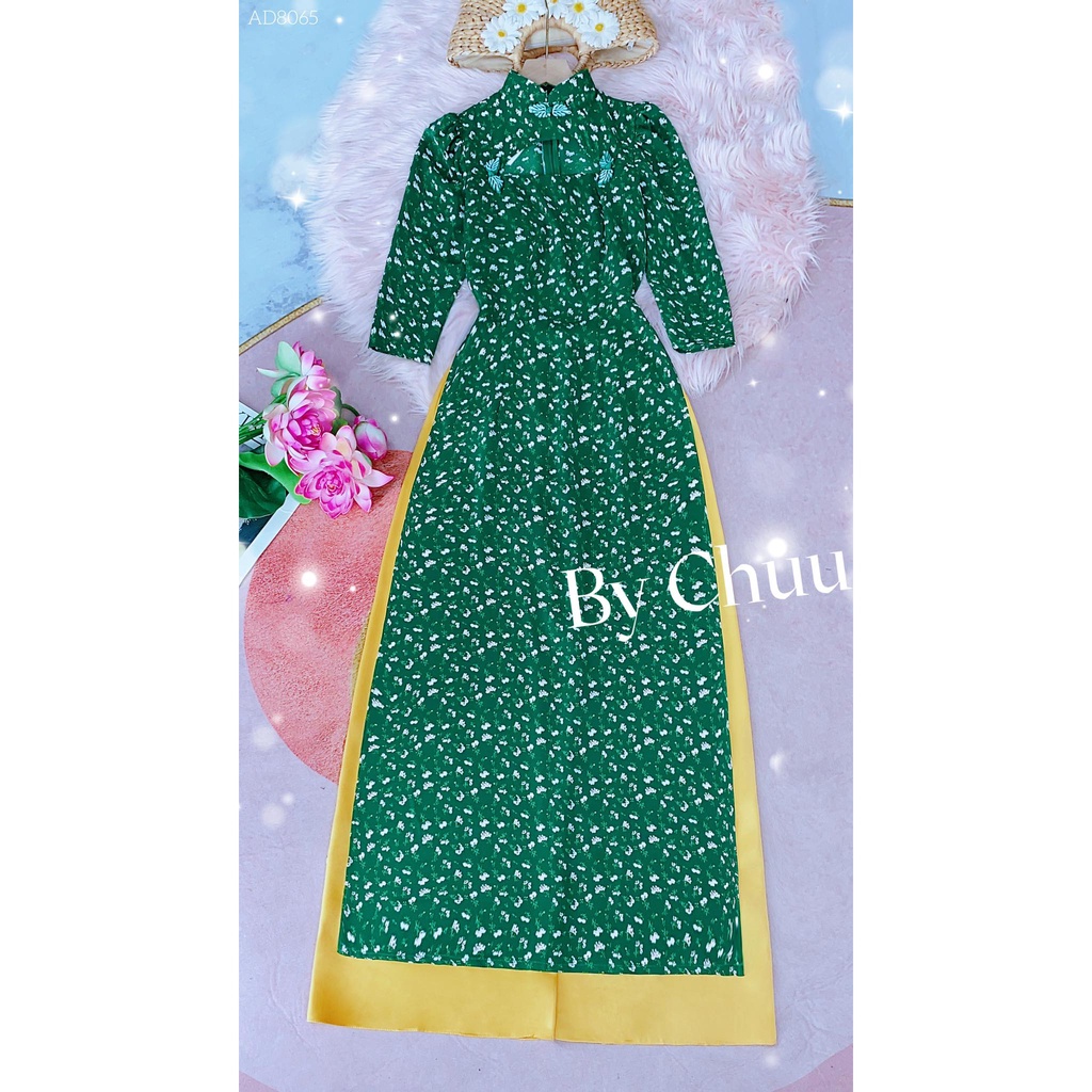 Áo dài hoa cách tân nữ kiểu cổ đính nút tàu CHUU AD8065 - không kèm quần