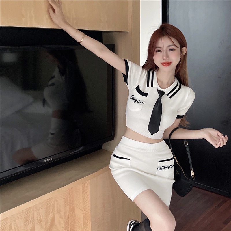 Set Áo Thun Polo Màu Trơn Phối Cà Vạt + Chân Váy Ôm Hông Thời Trang Mùa Hè Cho Nữ