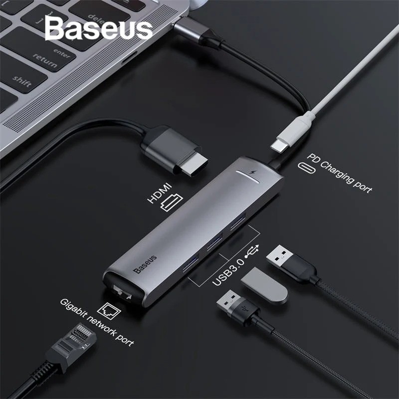 Hub chuyển đổi Baseus 6in1 HUB Adapter USB Type C to USB 3.0 HDMI RJ45 for MacBook Pro HUB USB Splitter for Huawei Mateb