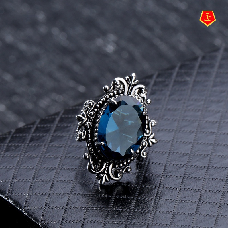 (Hàng Có Sẵn) Nhẫn Xi Mạ Bạc 925 Đính Đá Topaz Xanh Phong Cách Retro Âu Mỹ